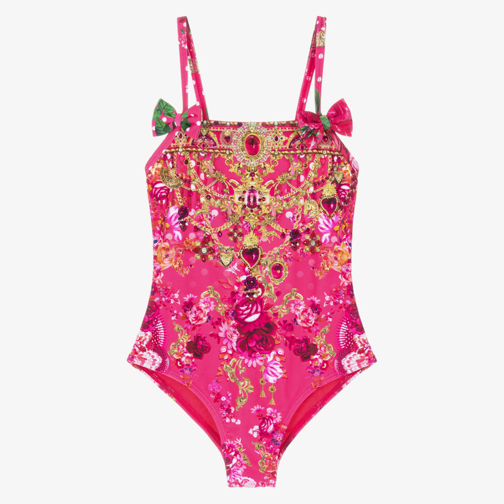 Camilla Kids-Girls Pink Swimsuit with Bows & Flamenco Print | Childrensalon Outlet