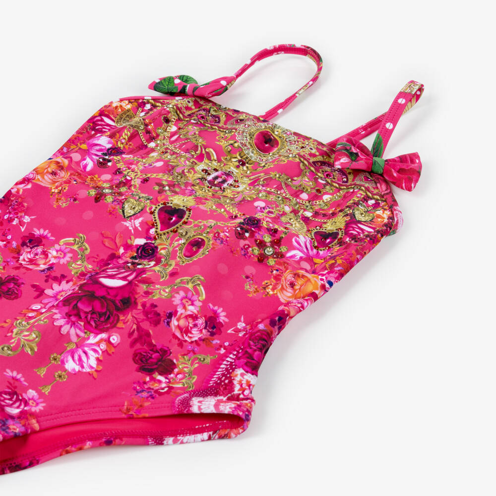 Camilla Kids-Girls Pink Swimsuit with Bows & Flamenco Print | Childrensalon Outlet