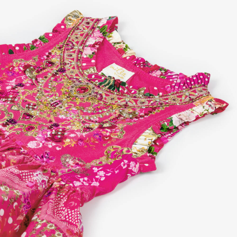 Camilla Kids-Girls Pink Tiered Dress with Flamenco Print | Childrensalon Outlet