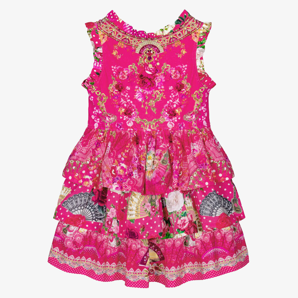 Camilla Kids-Girls Pink Tiered Dress with Flamenco Print | Childrensalon Outlet