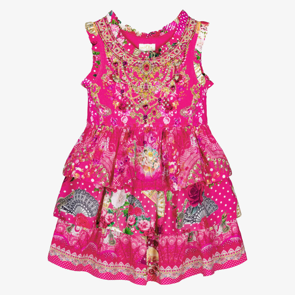 Camilla Kids-Girls Pink Tiered Dress with Flamenco Print | Childrensalon Outlet
