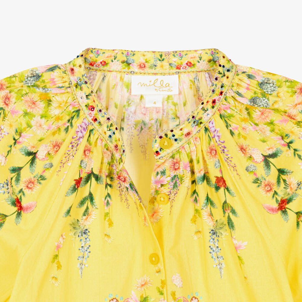 Camilla Kids-Girls Yellow Cotton Floral Dress with Diamanté Collar | Childrensalon Outlet