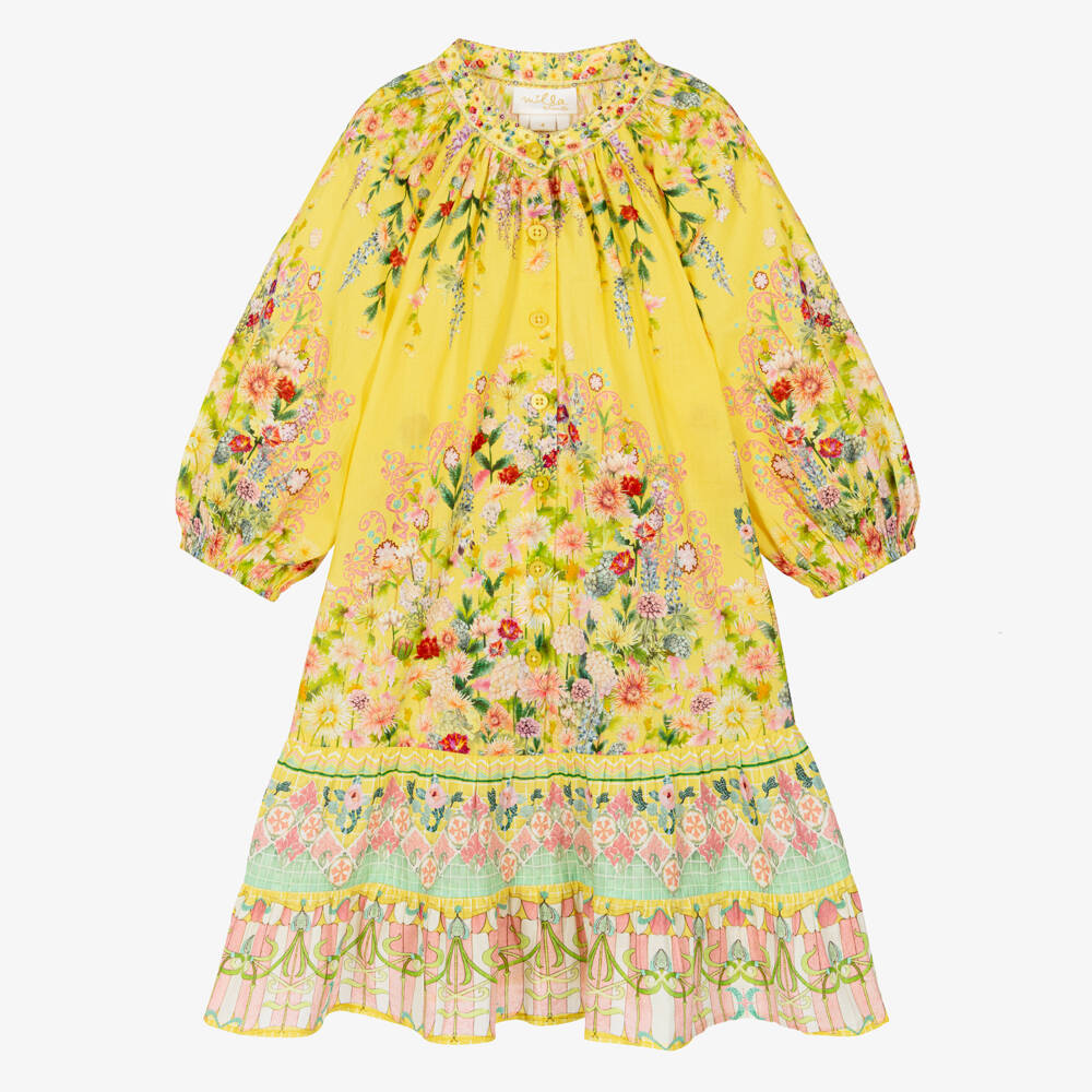 Camilla Kids-Girls Yellow Cotton Floral Dress with Diamanté Collar | Childrensalon Outlet