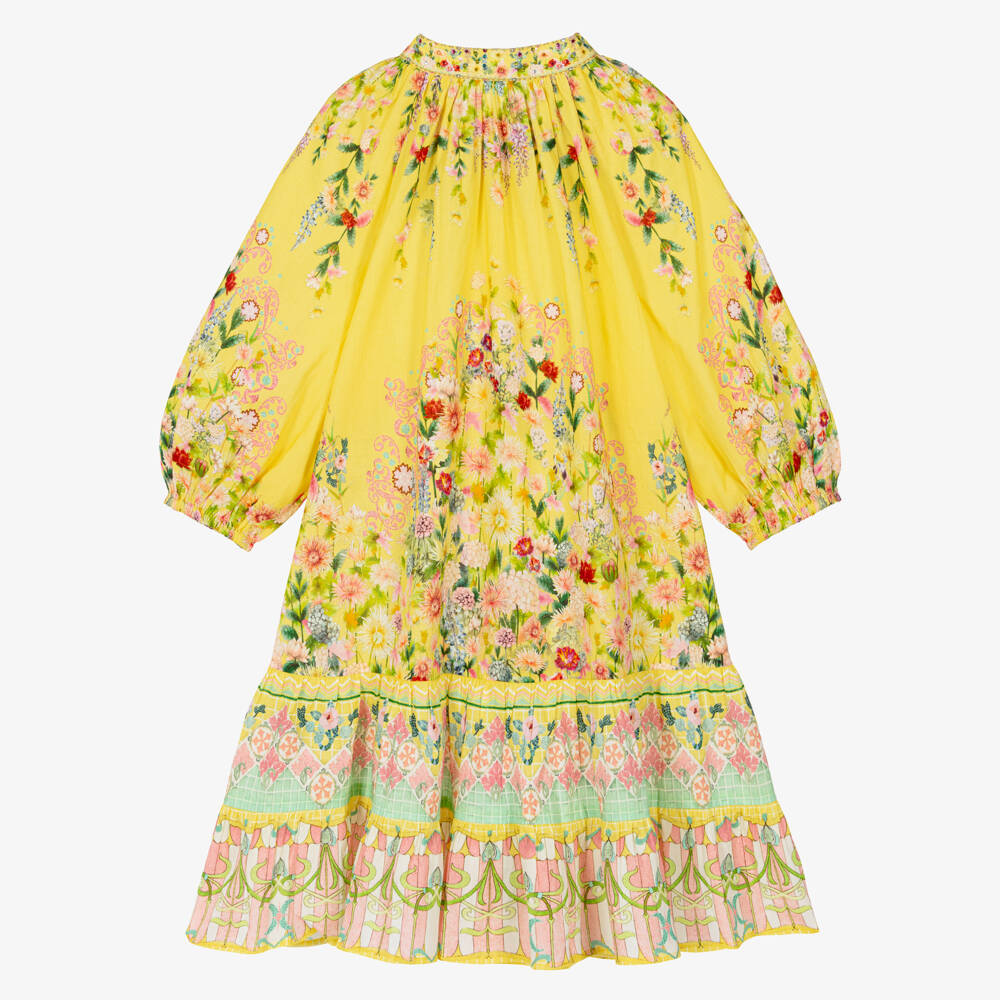 Camilla Kids-Girls Yellow Cotton Floral Dress with Diamanté Collar | Childrensalon Outlet