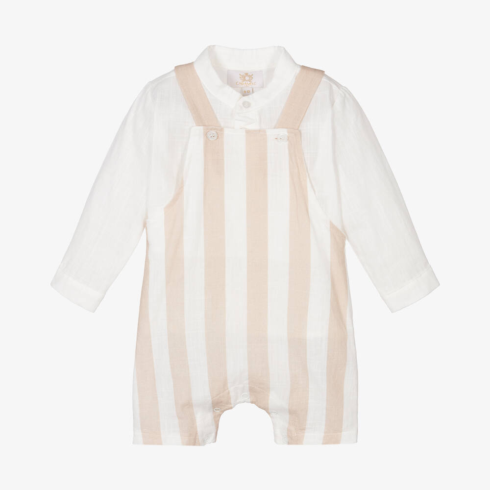 Caramelo Kids - Baby Boys Beige Stripe Dungaree Set | Childrensalon