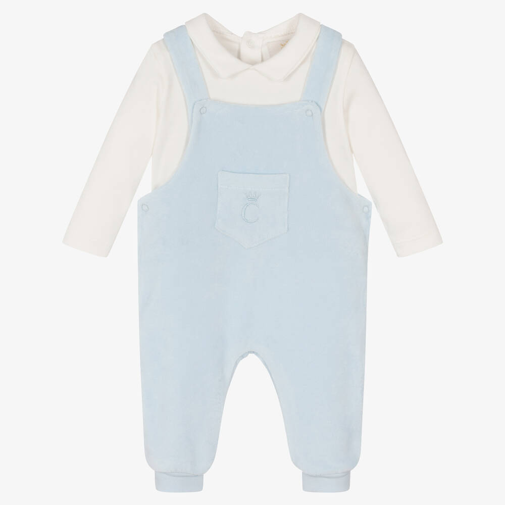 Caramelo Kids - Baby Boys Blue Velour Dungaree Set | Childrensalon