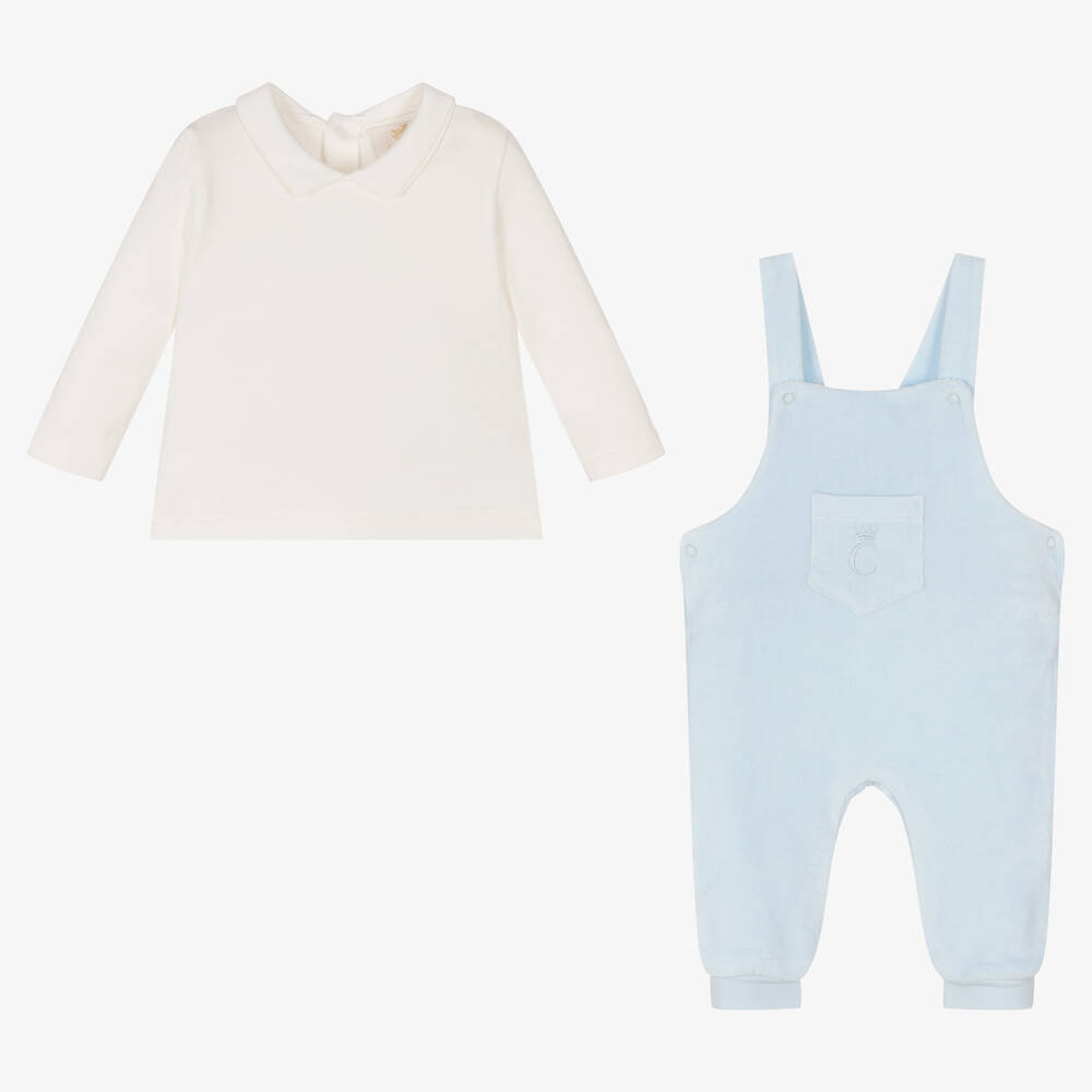 Caramelo Kids Baby Boys Blue Velour Dungaree Set Childrensalon Outlet