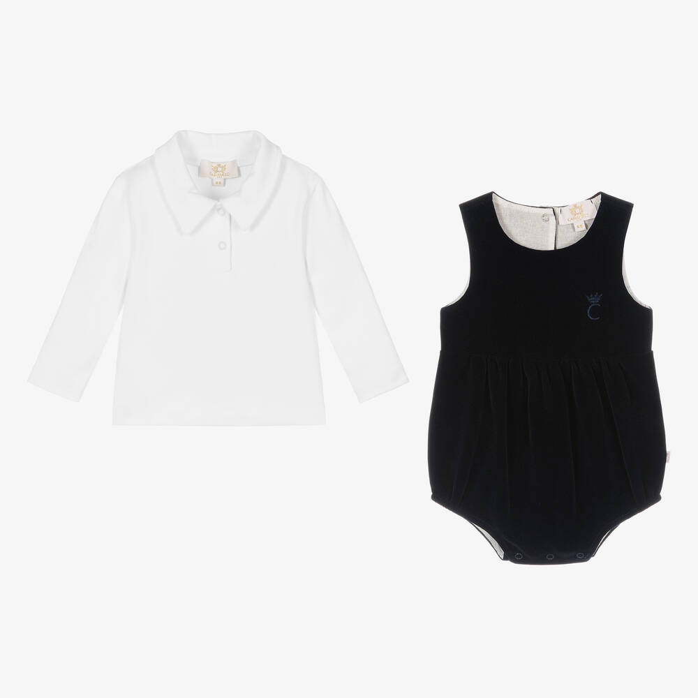 Caramelo Kids-Baby Boys Blue Velvet Shortie Set | Childrensalon Outlet