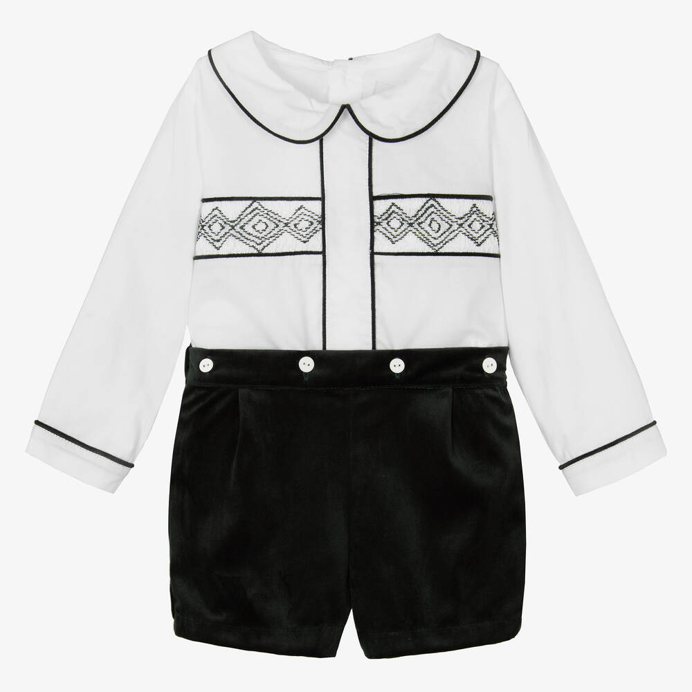 Caramelo Kids - Baby Boys Ivory & Green Velvet Buster Suit | Childrensalon