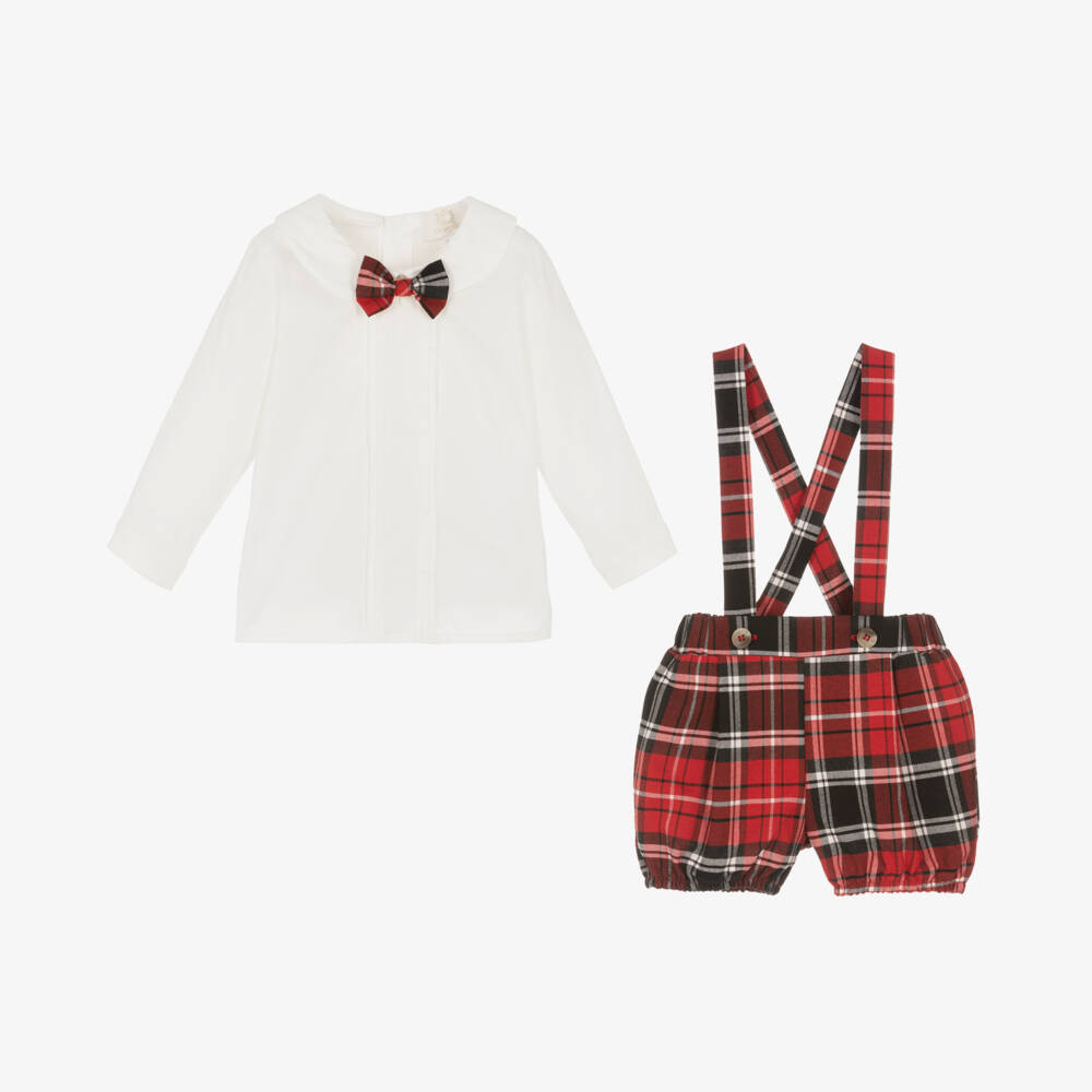 Caramelo Kids-Baby Boys Ivory & Red Tartan Shorts Set | Childrensalon Outlet