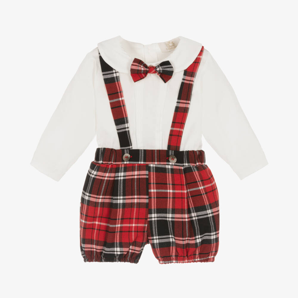 Caramelo Kids-Baby Boys Ivory & Red Tartan Shorts Set | Childrensalon Outlet