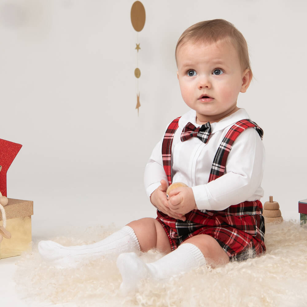 Caramelo Kids-Baby Boys Ivory & Red Tartan Shorts Set | Childrensalon Outlet