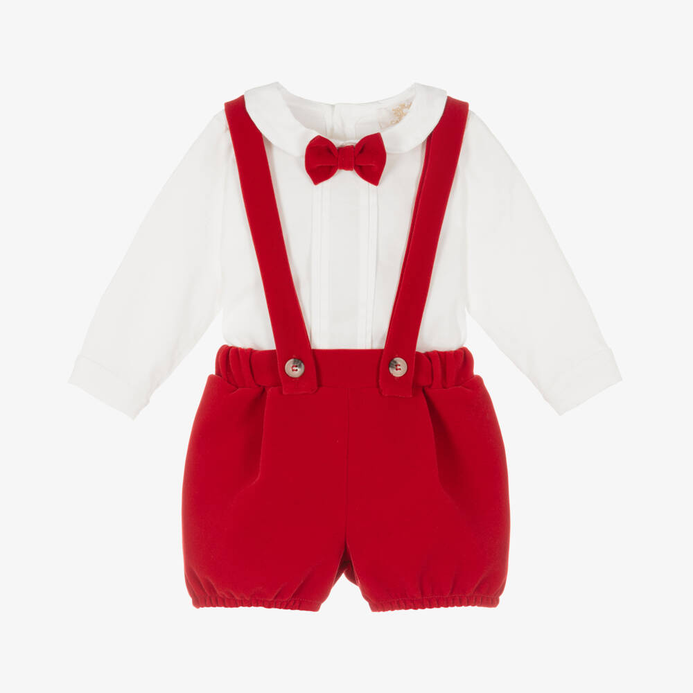 Caramelo Kids-Baby Boys Ivory & Red Velvet Shorts Set | Childrensalon Outlet