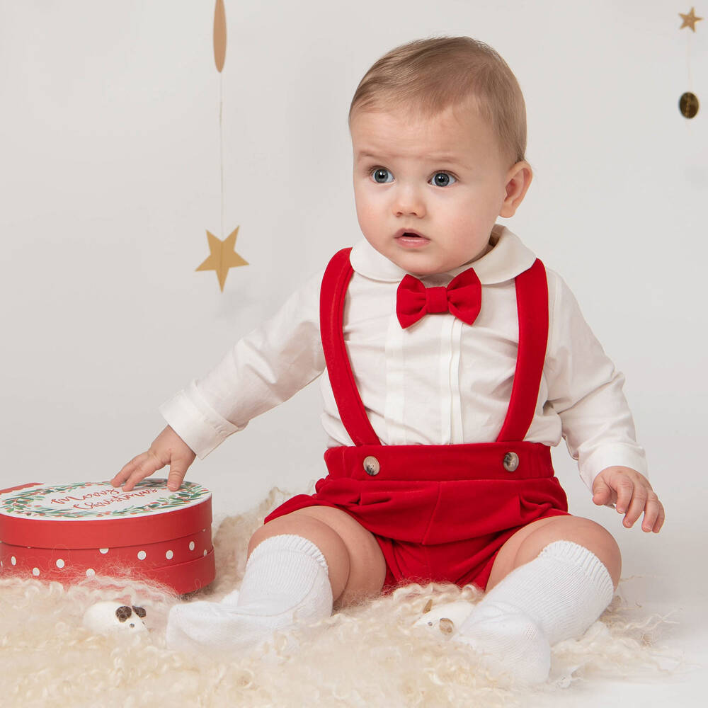 Caramelo Kids-Baby Boys Ivory & Red Velvet Shorts Set | Childrensalon Outlet