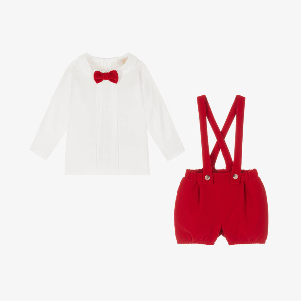 Caramelo Kids-Baby Boys Ivory & Red Velvet Shorts Set | Childrensalon Outlet