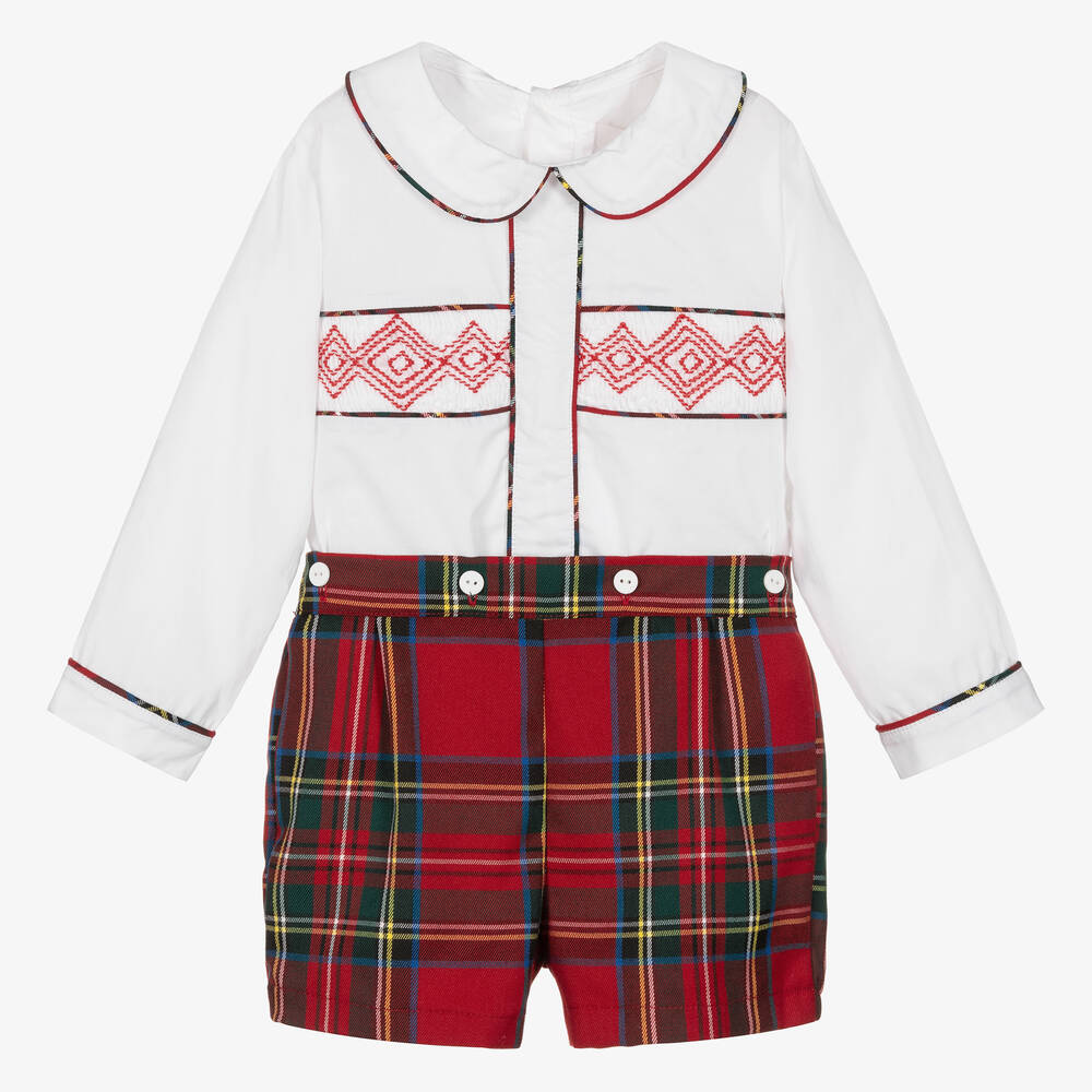 Caramelo Kids - Baby Boys Red & Ivory Tartan Buster Suit | Childrensalon