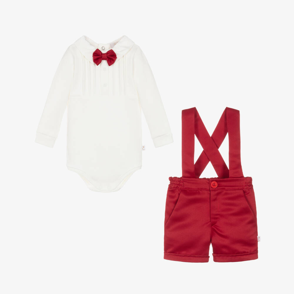 Caramelo Kids-Baby Boys Red & White Bow Tie Cotton Shorts Set | Childrensalon Outlet