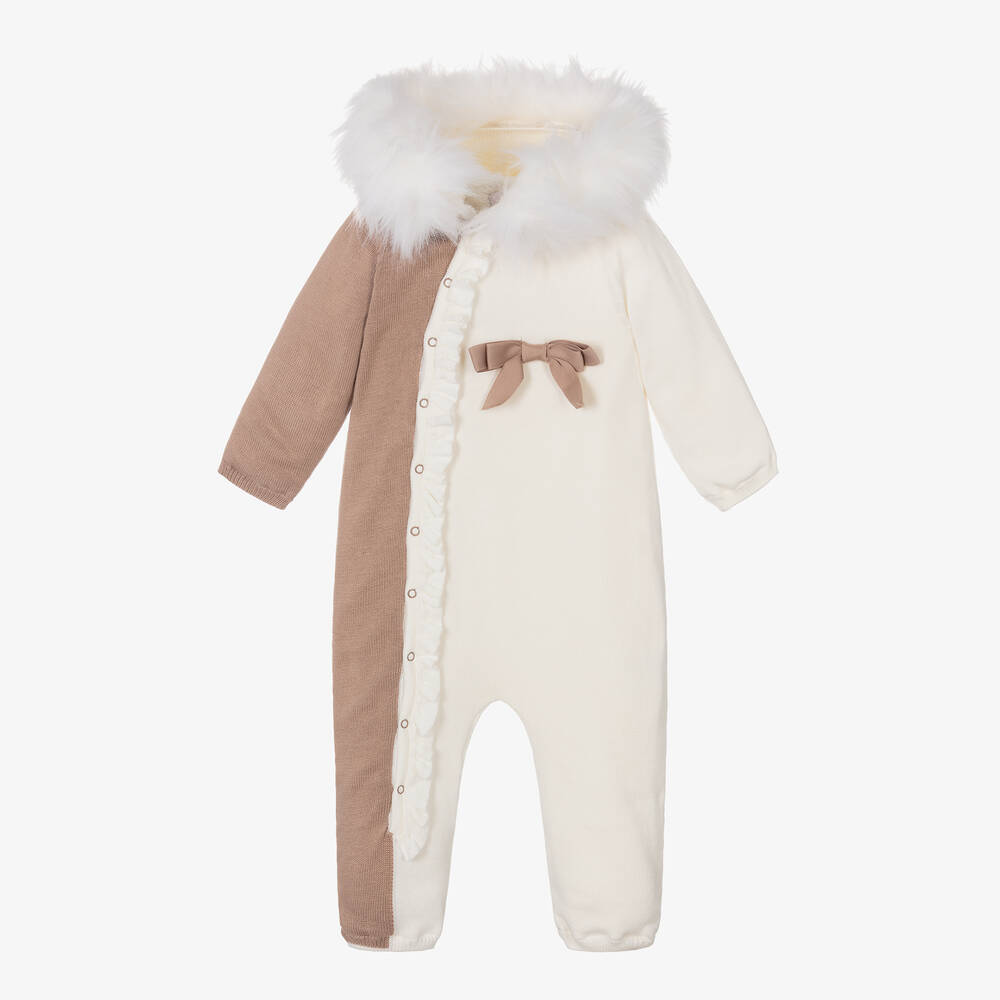 Caramelo Kids-Baby Girls Beige & Ivory Knitted Pramsuit | Childrensalon Outlet