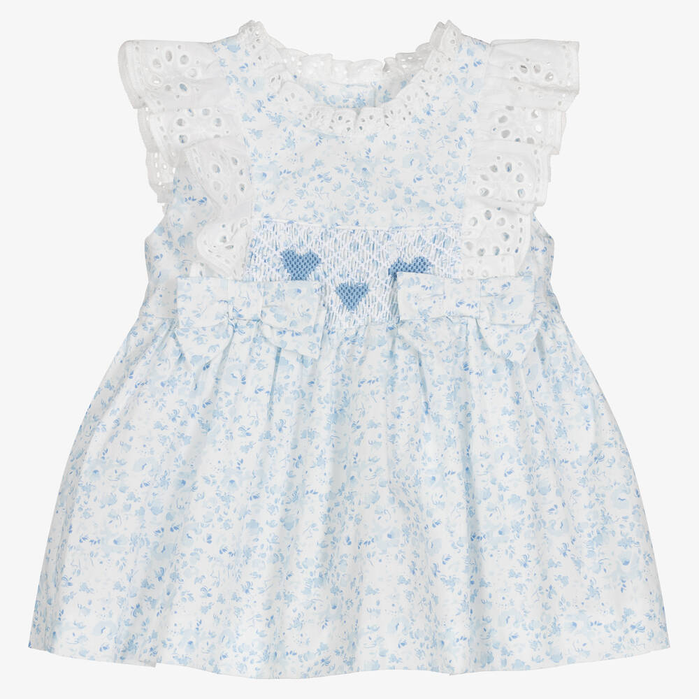 Caramelo Kids - فستان قطن لون أزرق وأبيض بطبعة ورود للمولودات | Childrensalon