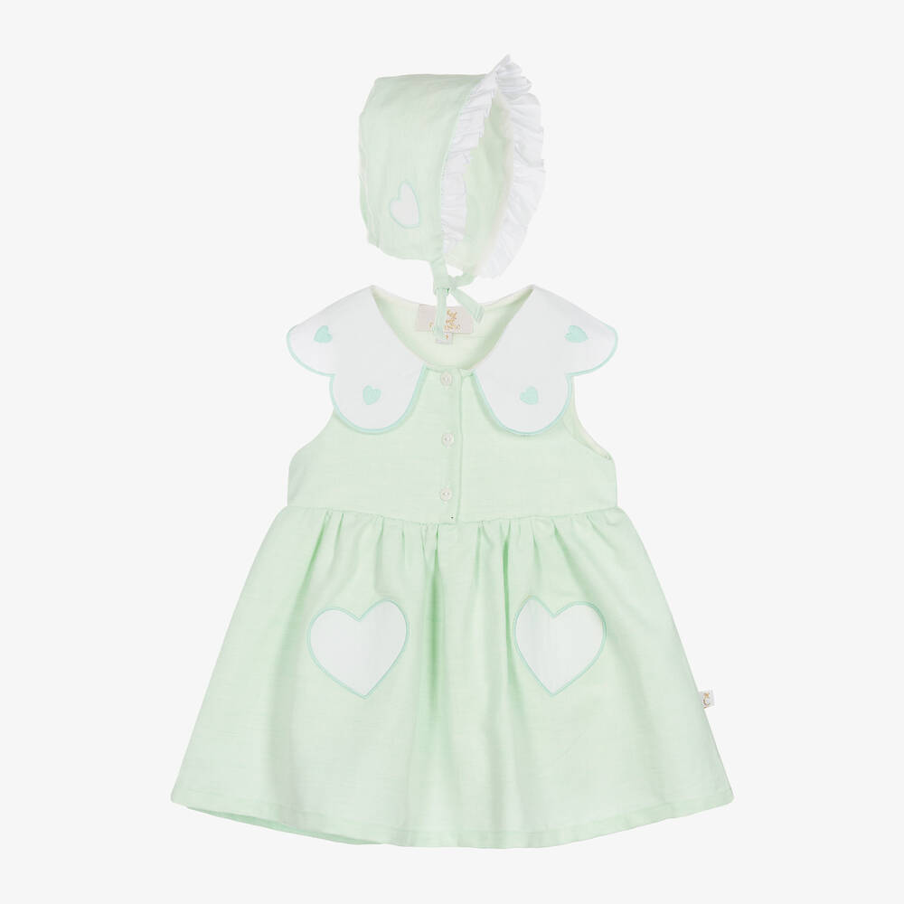 Caramelo Kids-Baby Girls Green Linen & Cotton Dress Set | Childrensalon Outlet