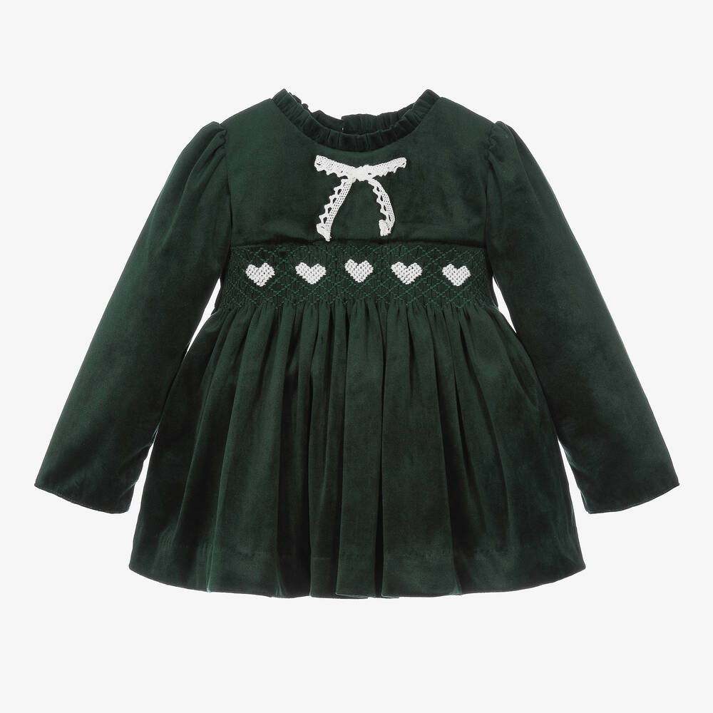 Caramelo Kids - Gesmoktes Kleid aus grünem Samt für weibliche Babys | Childrensalon