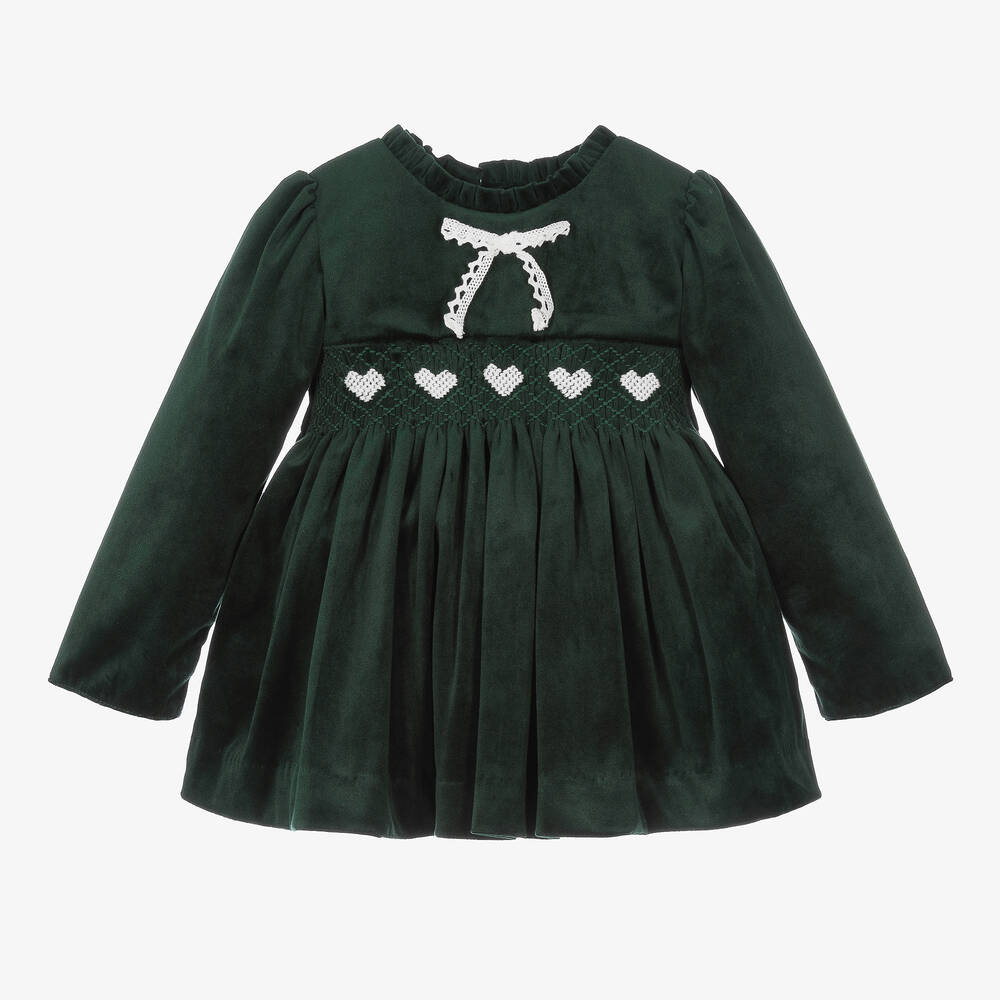 Caramelo Kids-Baby Girls Green Velvet Smocked Dress | Childrensalon Outlet