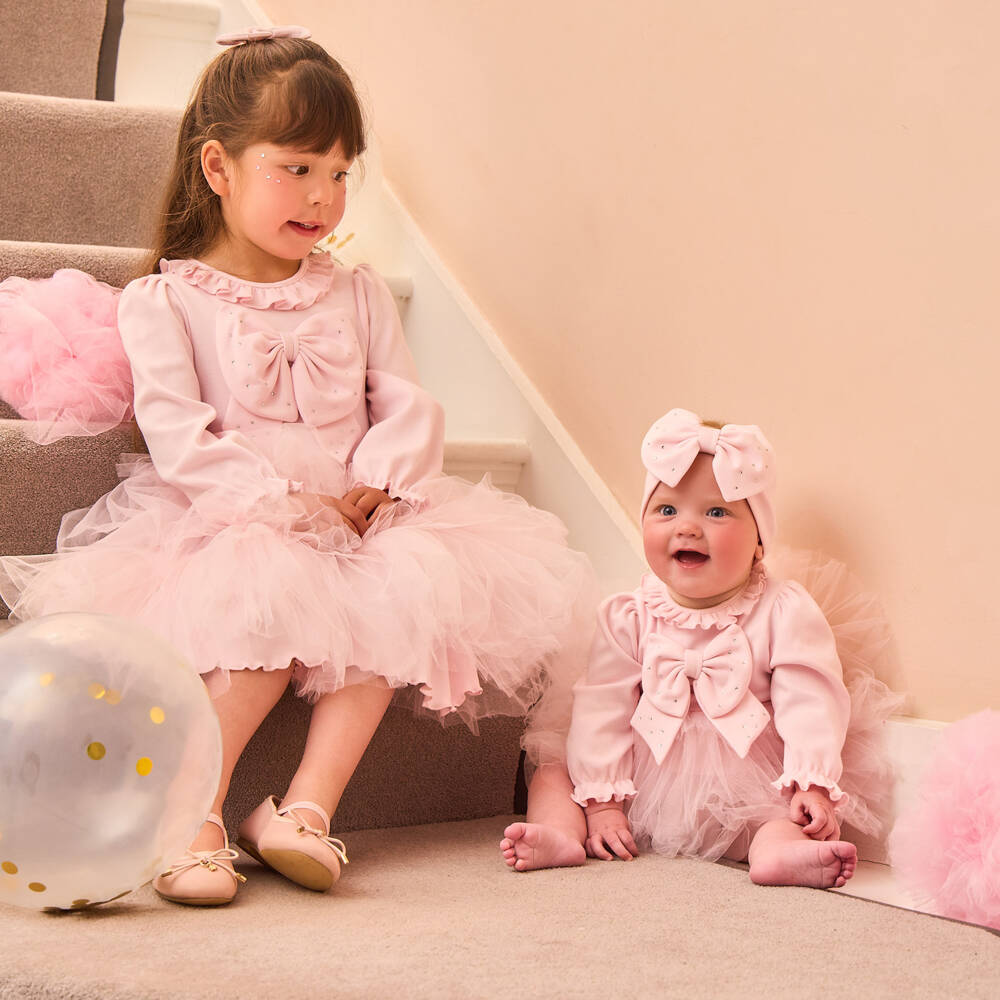 Caramelo Kids-Baby Girls Pink Cotton Dress Set with Tulle Ruffles & Bows | Childrensalon Outlet
