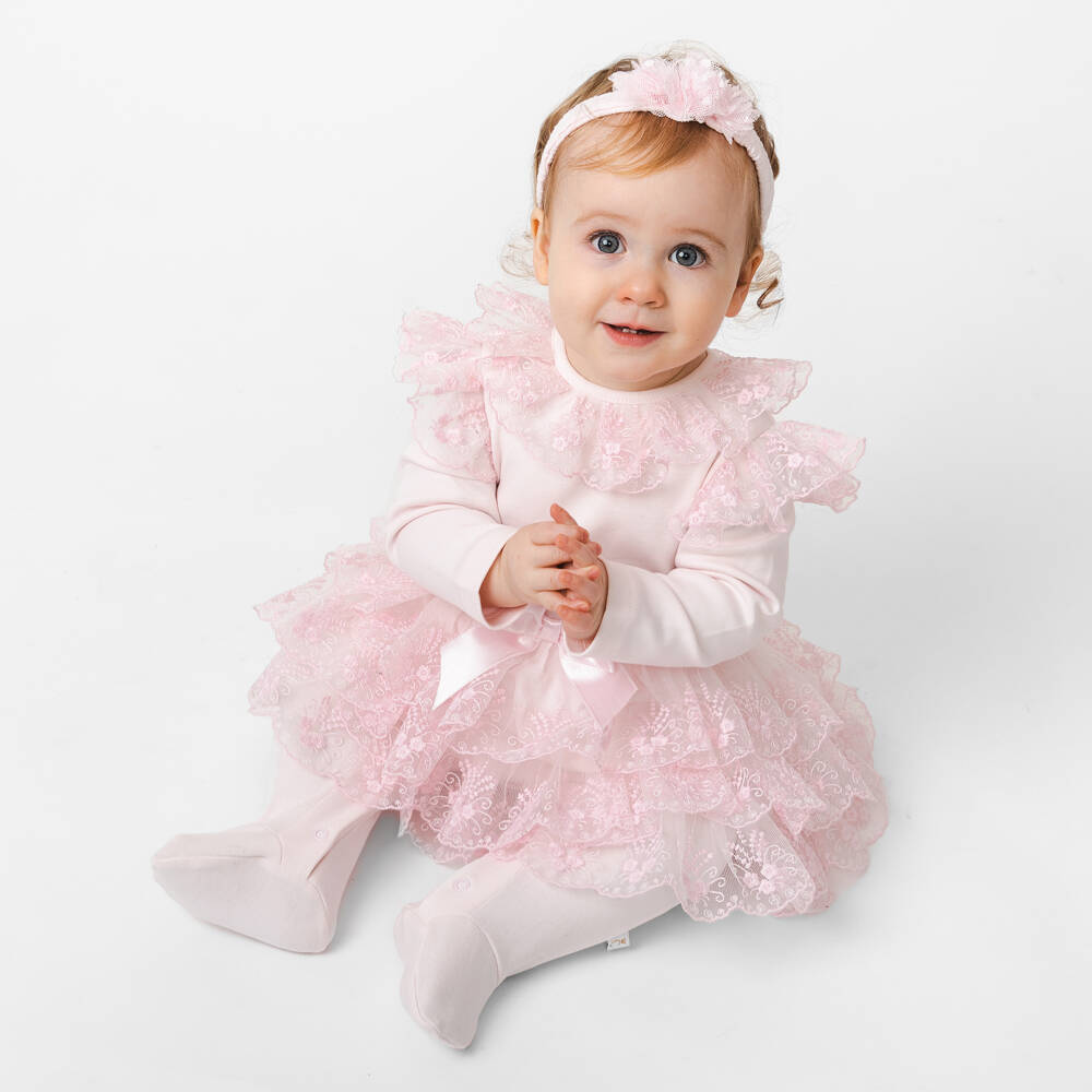 Caramelo Kids-بدلة أطفال قطنية وردية للبنات مع كشكش | Childrensalon Outlet