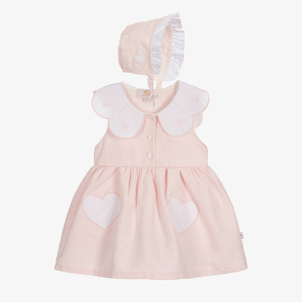 Caramelo Kids - Baby Girls Pink Linen Heart Dress Set | Childrensalon