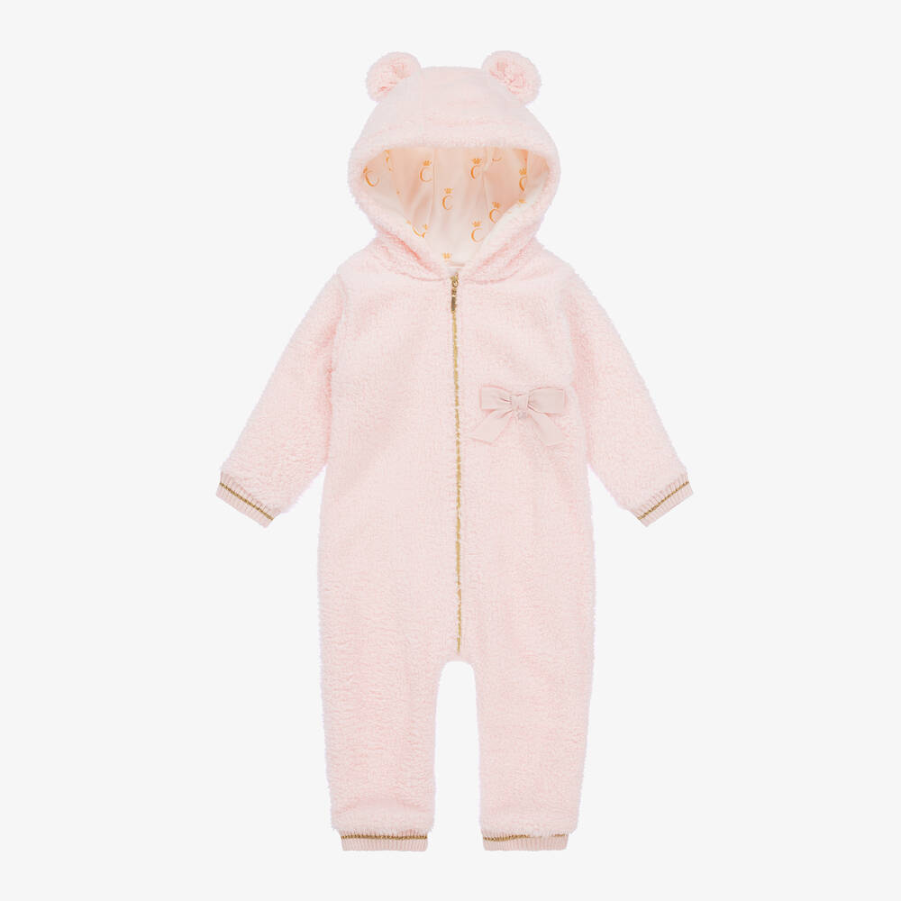 Baby Girls Pink Teddy Fleece Pramsuit