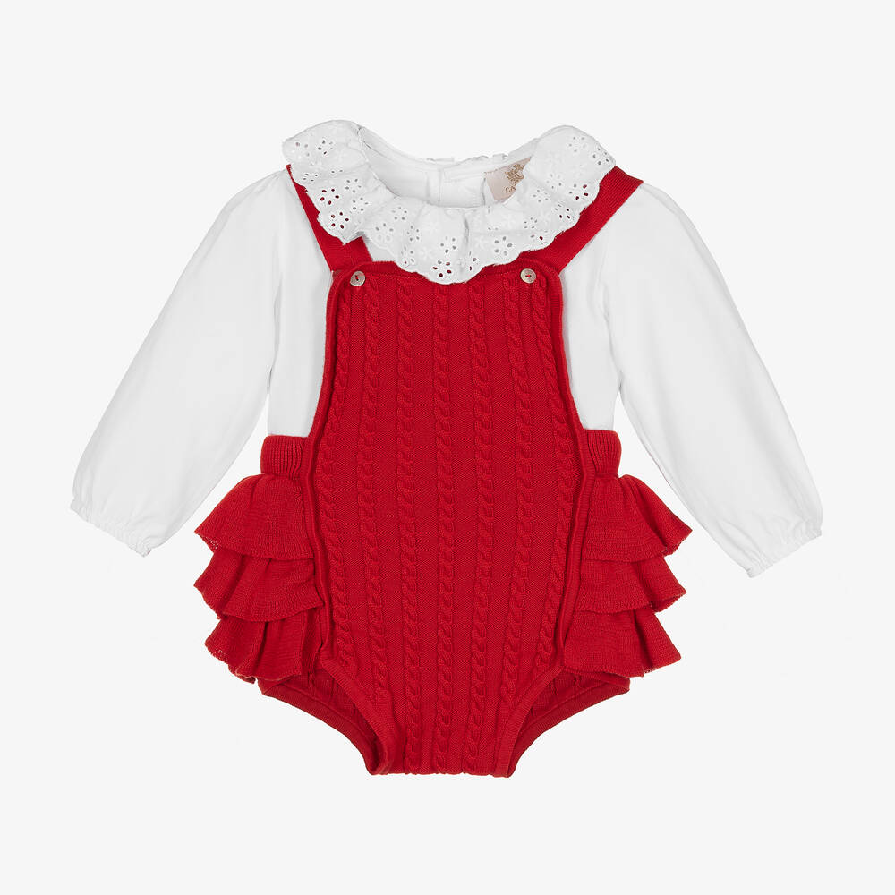 Caramelo Kids - Baby Girls Red Dungaree Set | Childrensalon