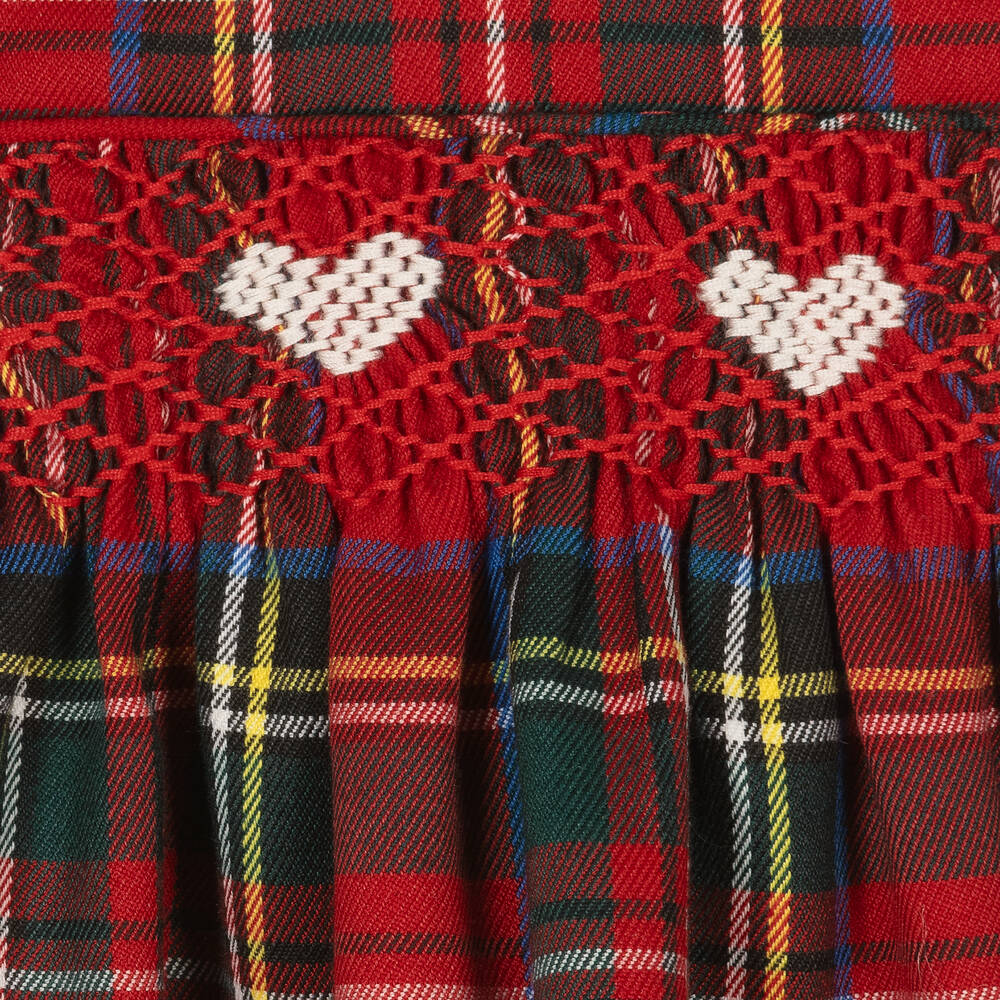 Caramelo Kids-فستان مطرز سموكينغ مزيج قطن تويل تارتان لون أحمر | Childrensalon Outlet