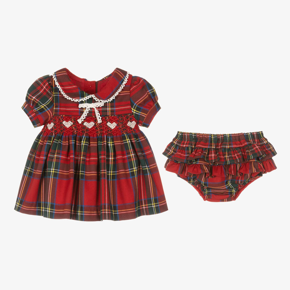Caramelo Kids-فستان مطرز سموكينغ مزيج قطن تويل تارتان لون أحمر | Childrensalon Outlet