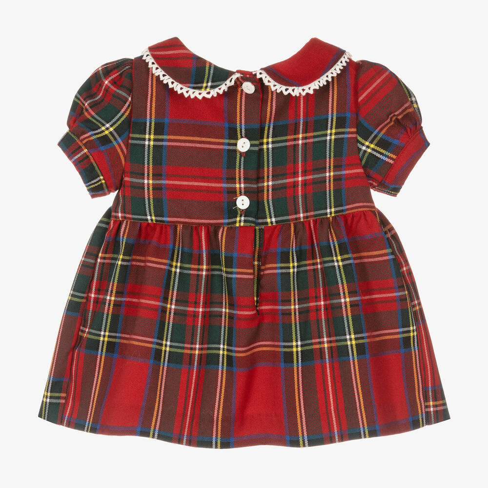 Caramelo Kids-فستان مطرز سموكينغ مزيج قطن تويل تارتان لون أحمر | Childrensalon Outlet