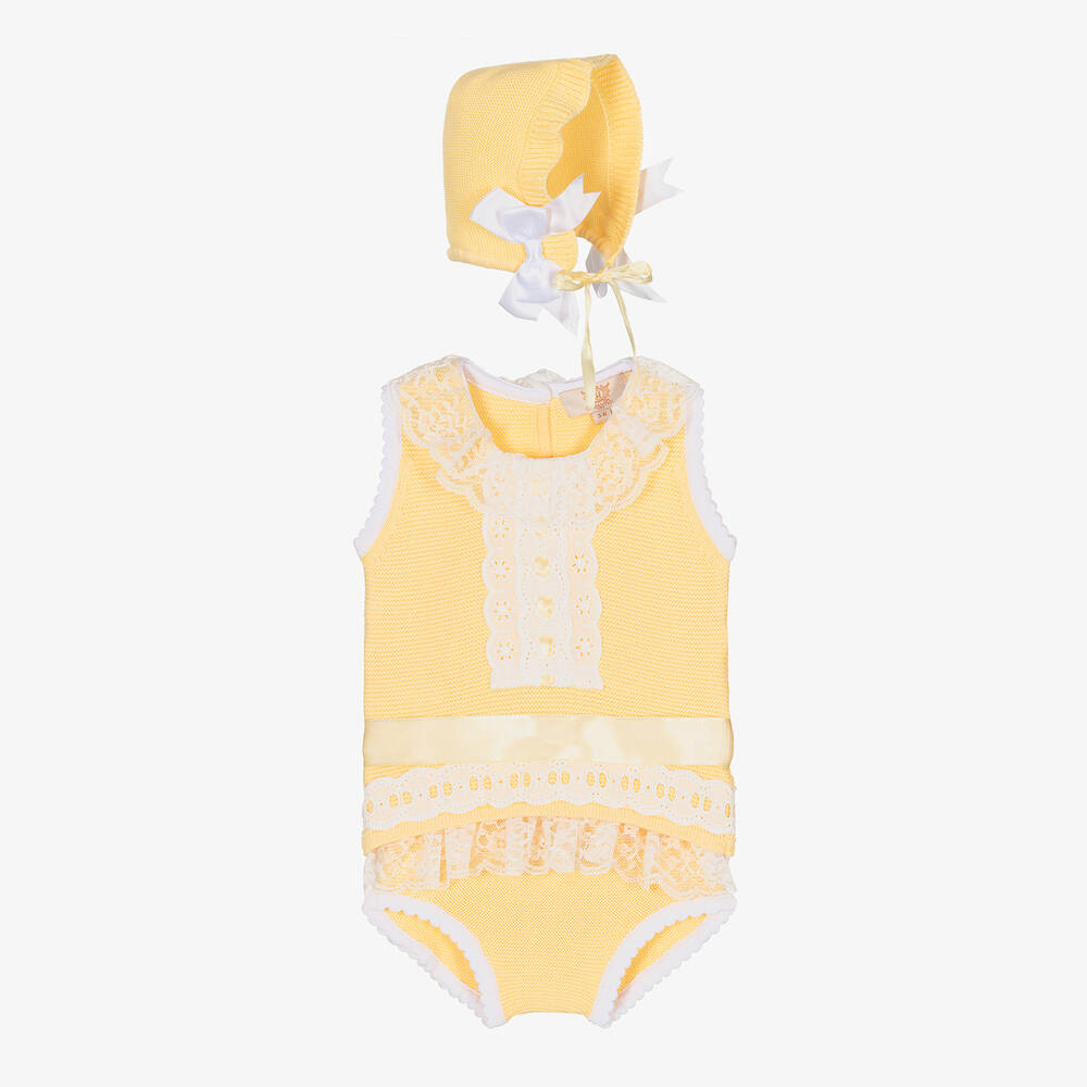 Caramelo Kids - Baby Girls Yellow Cotton Knit Shorts Set | Childrensalon