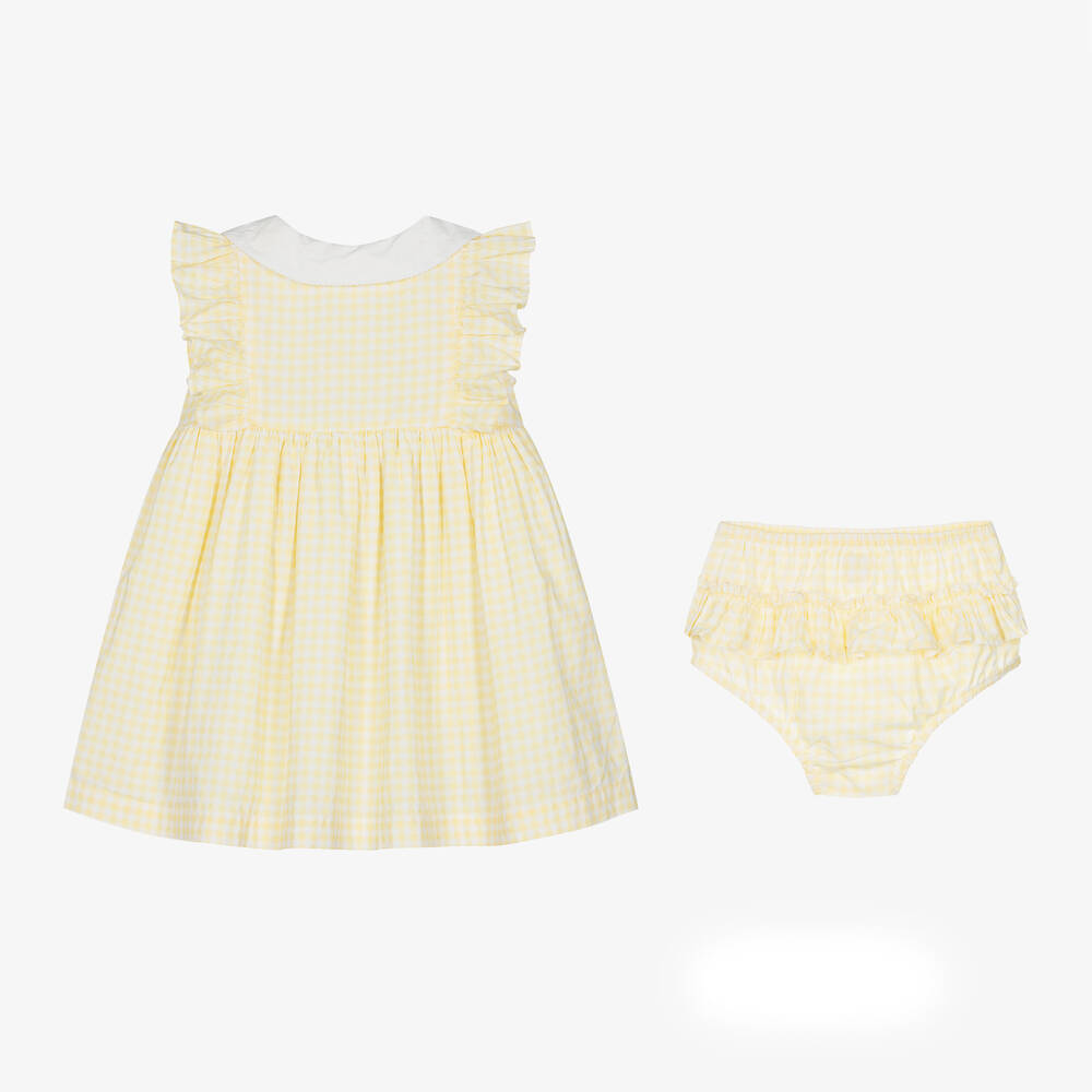 Caramelo Kids-طقم قطن جينغهام لون أصفر وأبيض للمولودات | Childrensalon Outlet