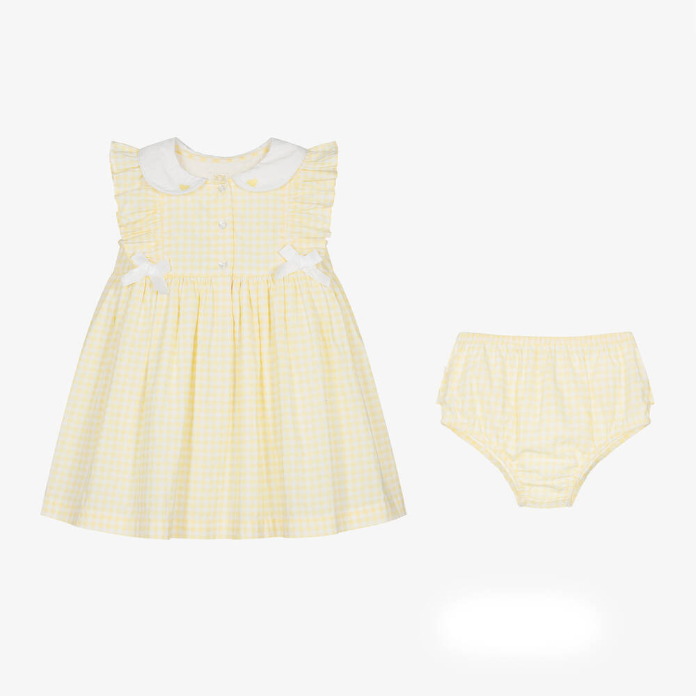 Caramelo Kids-طقم قطن جينغهام لون أصفر وأبيض للمولودات | Childrensalon Outlet