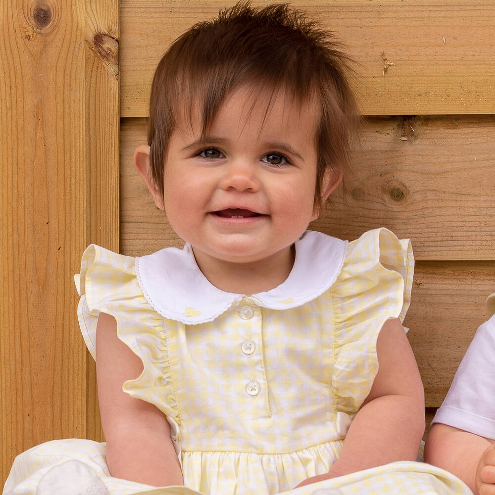 Caramelo Kids-طقم قطن جينغهام لون أصفر وأبيض للمولودات | Childrensalon Outlet