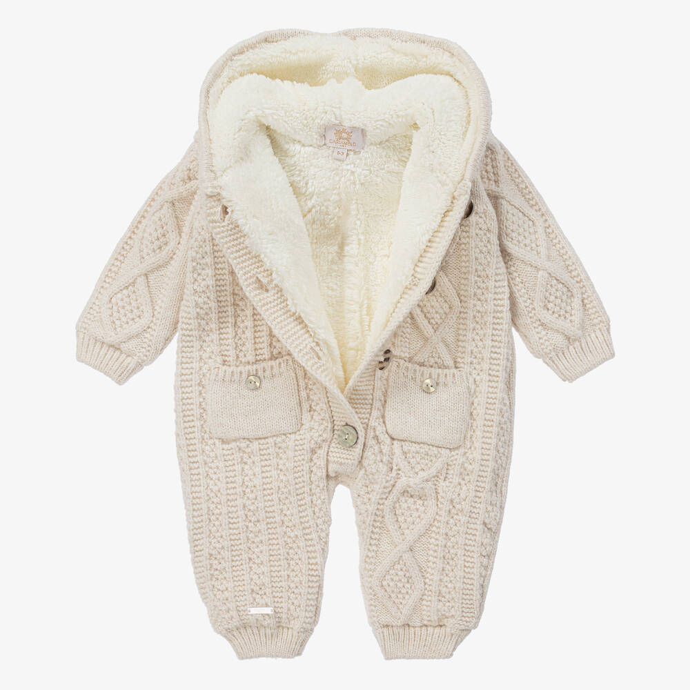 Caramelo Kids-Beige Knit Baby Pramsuit | Childrensalon Outlet