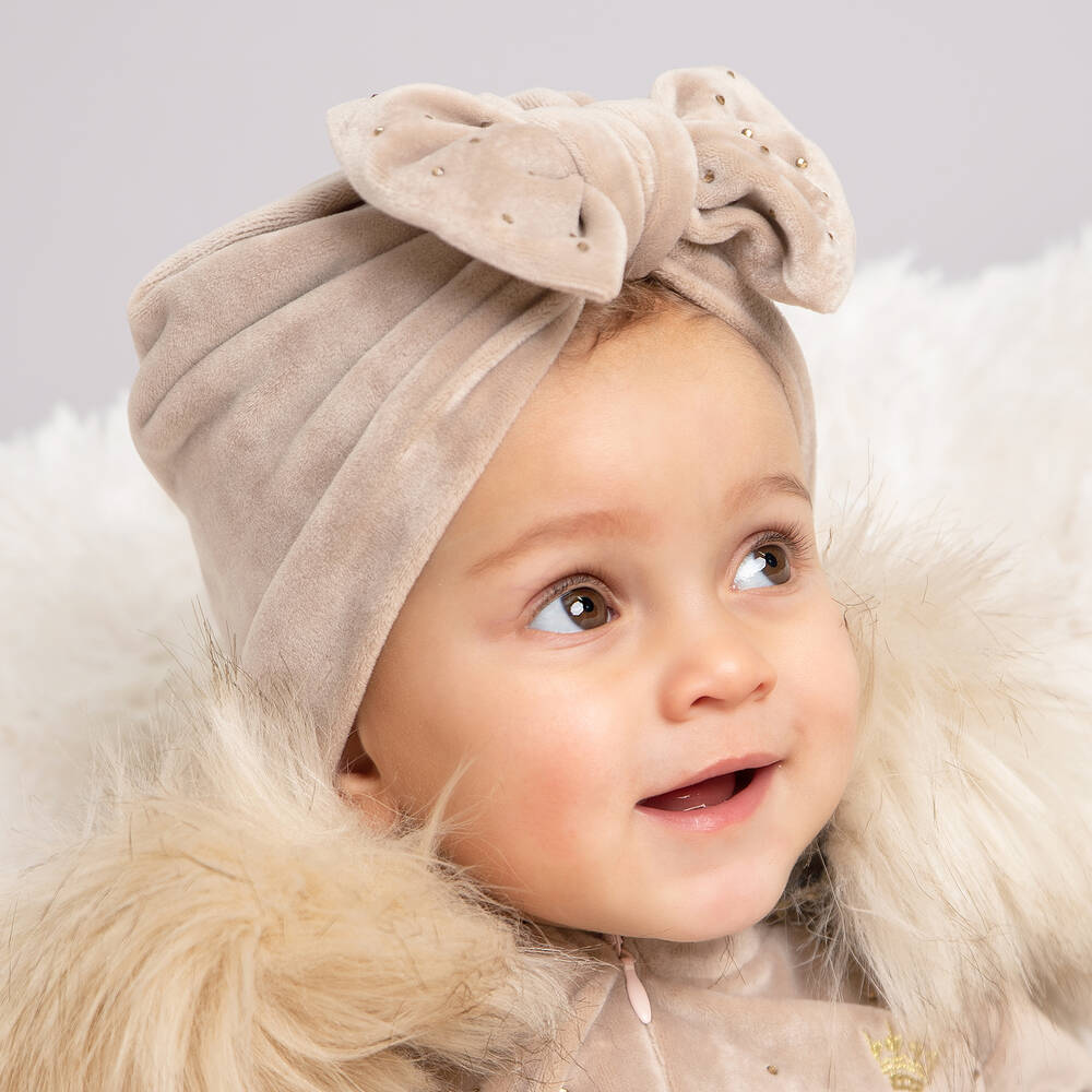 كاراميلو كيدز -قبعة توربان قطيفة لون بيج للبنات | Childrensalon Outlet