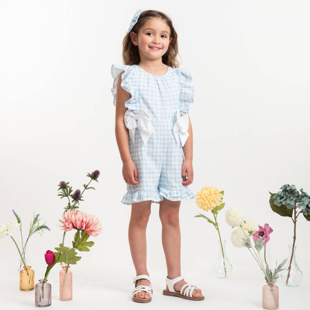 Caramelo Kids-Blue Checkered Cotton Romper for Girls | Childrensalon Outlet