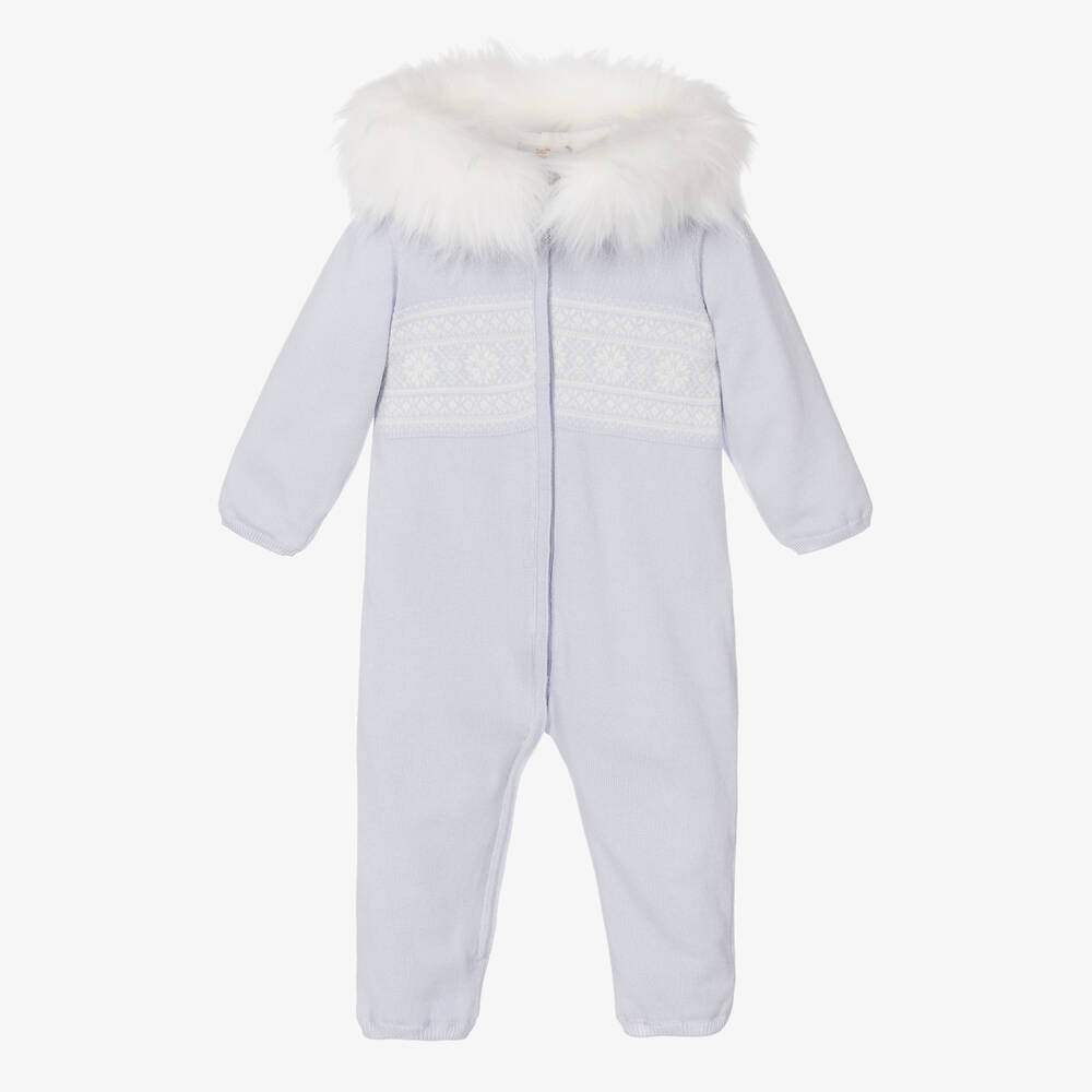 Caramelo Kids - Blue Fair Isle Knitted Baby Pramsuit | Childrensalon