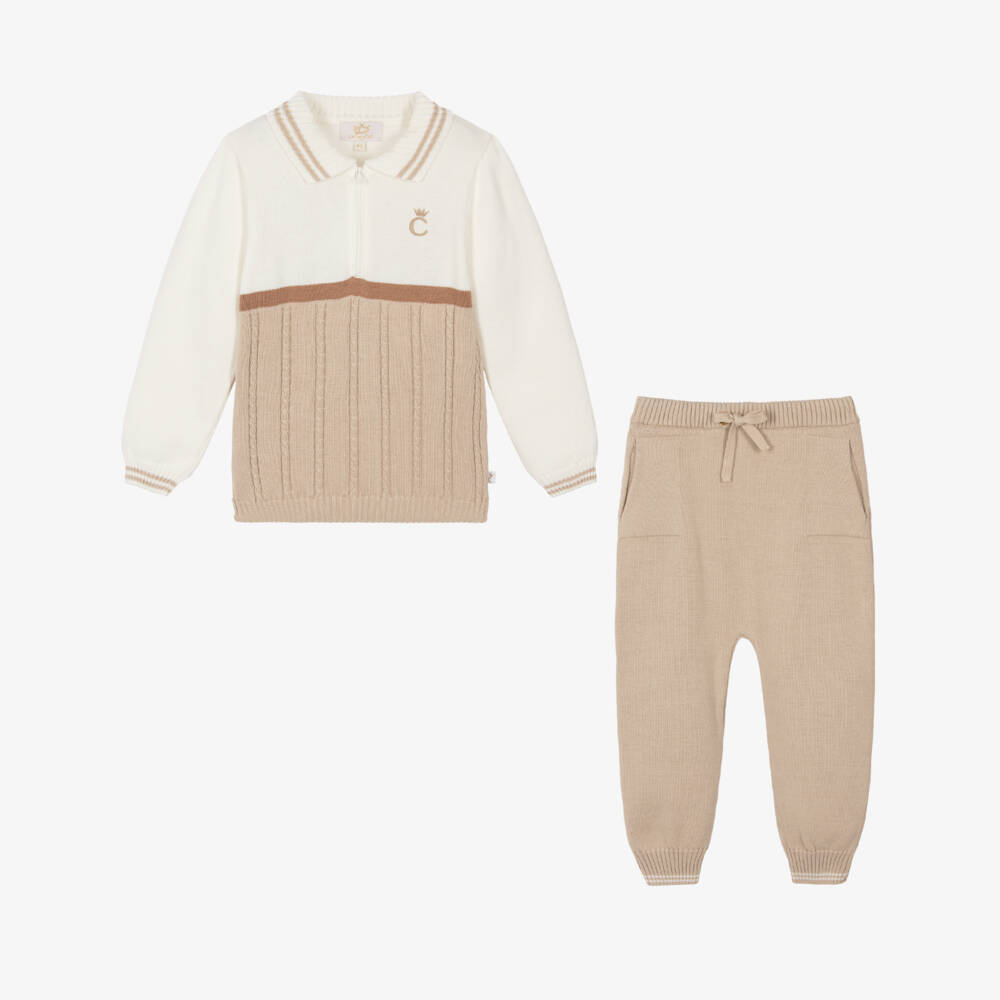 Caramelo Kids-Boys Beige & Ivory Cotton Knit Trouser Set | Childrensalon Outlet