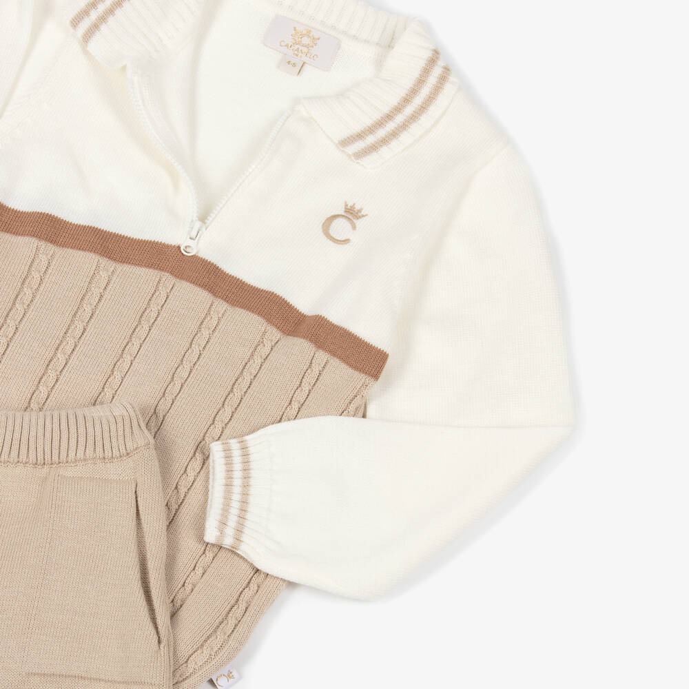 Caramelo Kids-Boys Beige & Ivory Cotton Knit Trouser Set | Childrensalon Outlet