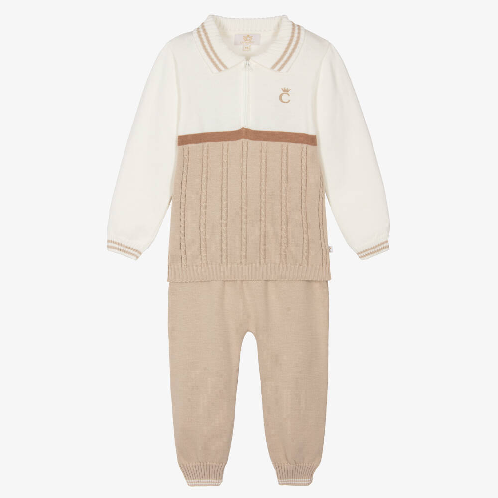 Caramelo Kids-Boys Beige & Ivory Cotton Knit Trouser Set | Childrensalon Outlet