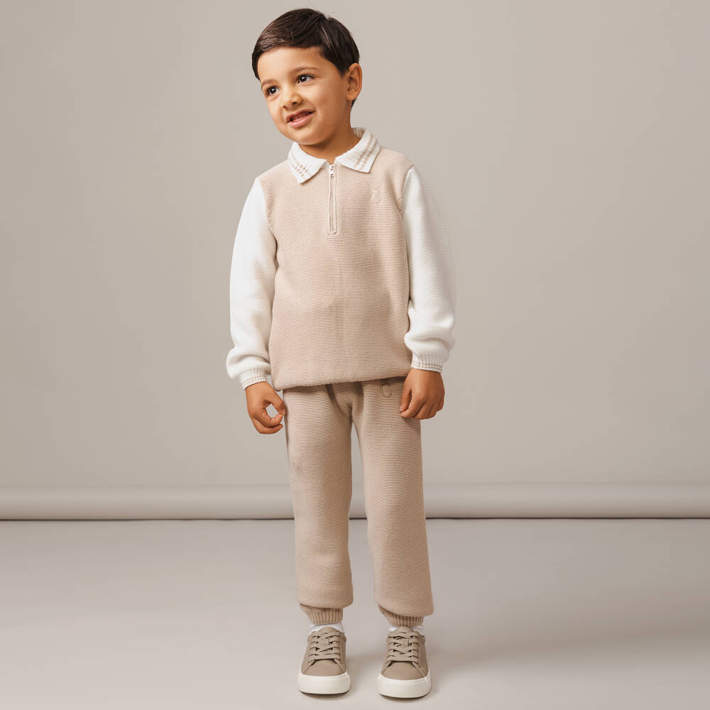 Caramelo Kids-Boys Beige Knit Cotton Ensemble | Childrensalon Outlet