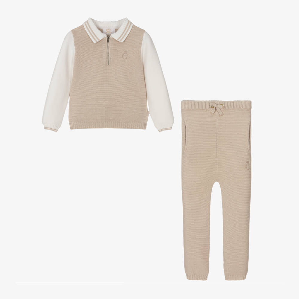 Caramelo Kids-Boys Beige Knit Cotton Ensemble | Childrensalon Outlet