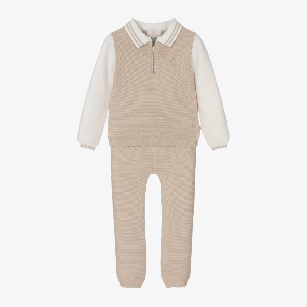 Caramelo Kids-Boys Beige Knit Cotton Ensemble | Childrensalon Outlet