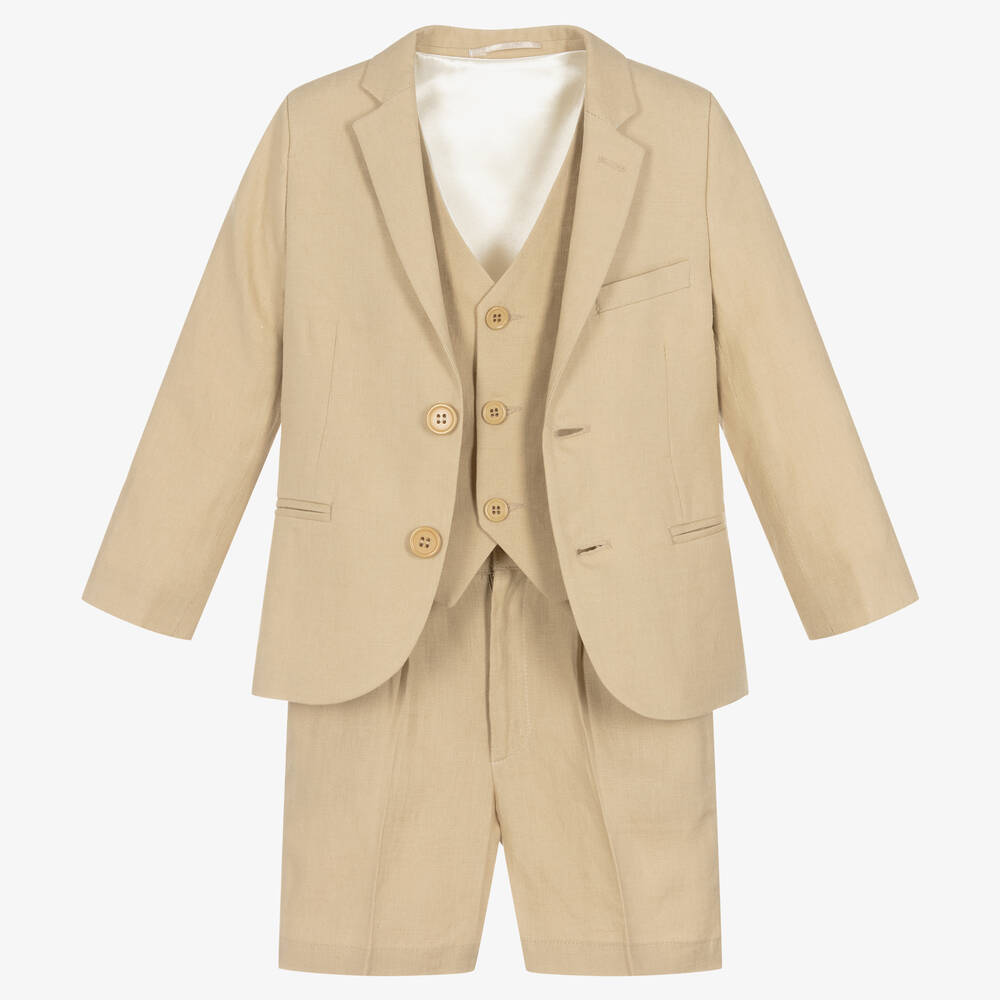 Caramelo Kids - Boys Beige Linen 3 Piece Suit | Childrensalon