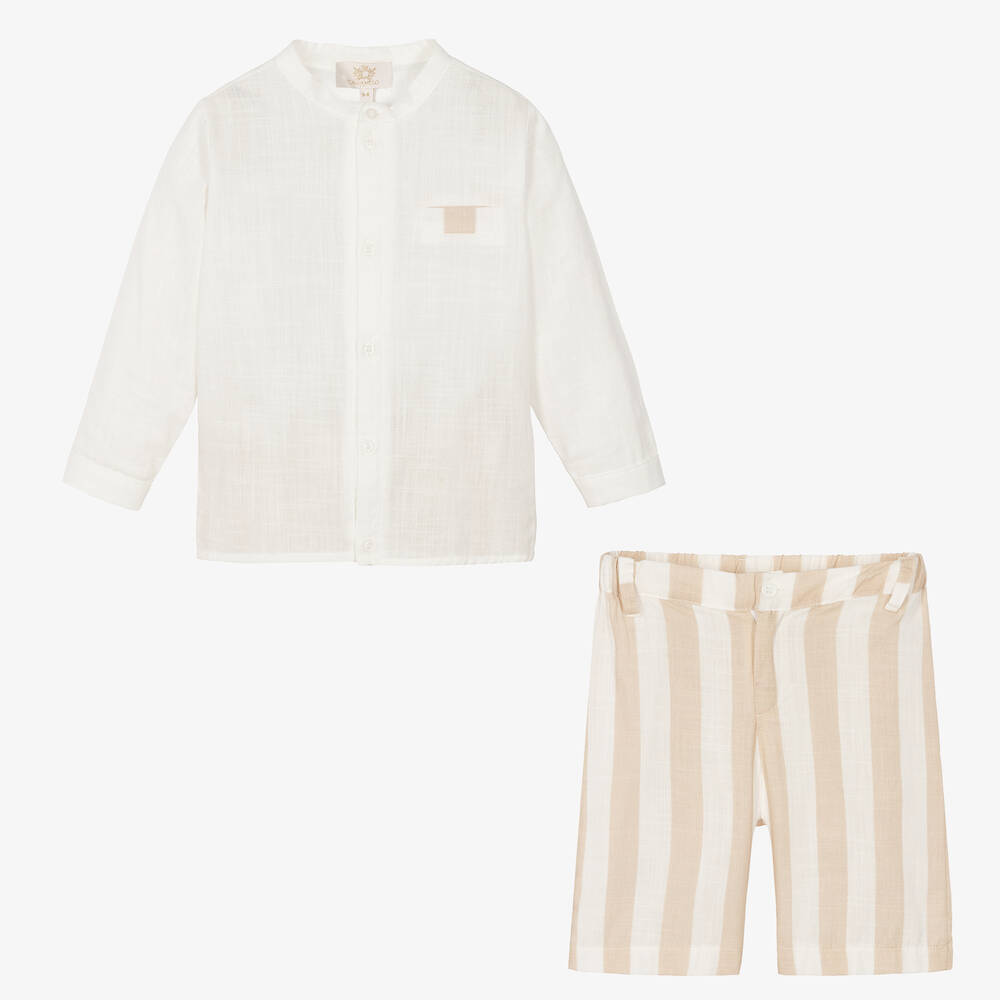 Caramelo Kids-طقم شورت قطن مقلّم لون بيج وعاجي للأولاد | Childrensalon Outlet